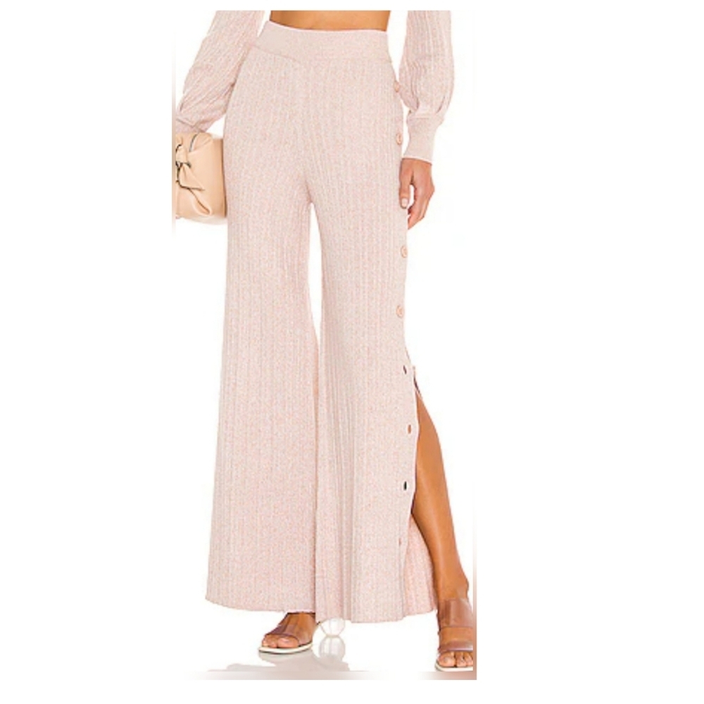 Revolve X Michael Costello Kalina Side Button Pant L Beige Ribbed Knit Pull-On
